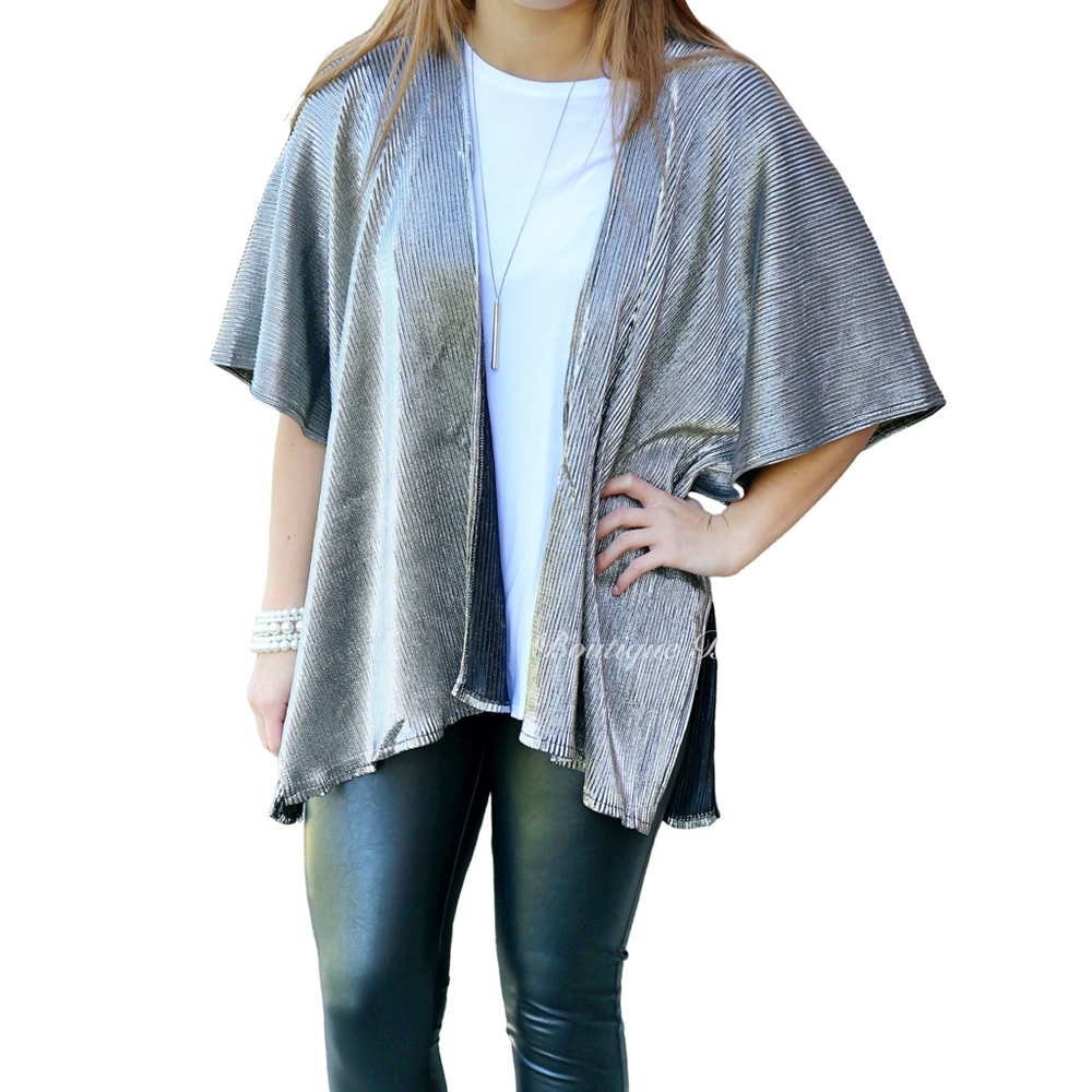 Metallic Silver Pleated Kimono Cardigan